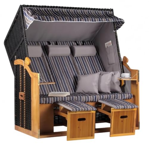 MR. DEKO® Strandkorb Ostsee XXL | Volllieger Strandstuhl Liegestuhl | Dreisitzer PE Geflecht Schwarz inkl. 6 Kissen | Strandkörbe aus Hartholz, Garten, Wintergarten und Terrasse