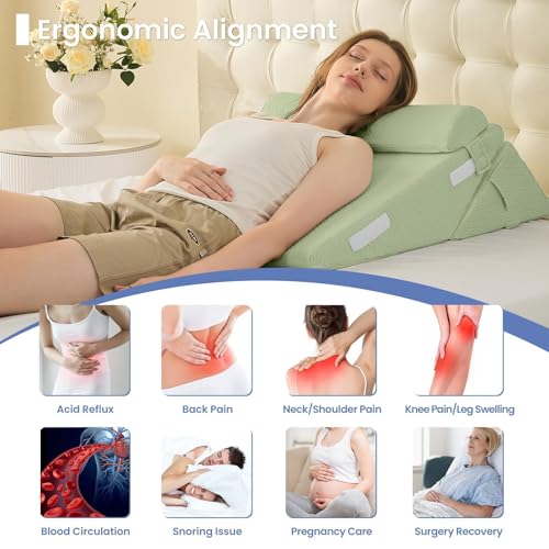 Image of Sasttie Wedge Pillow Set for After Surgery, 2PCS Adjustable Bed Wedge Pillow Headboard with Memory Foam Neck Cushion - for Acid Reflux, Sleeping, Neck & Back Support, Sage