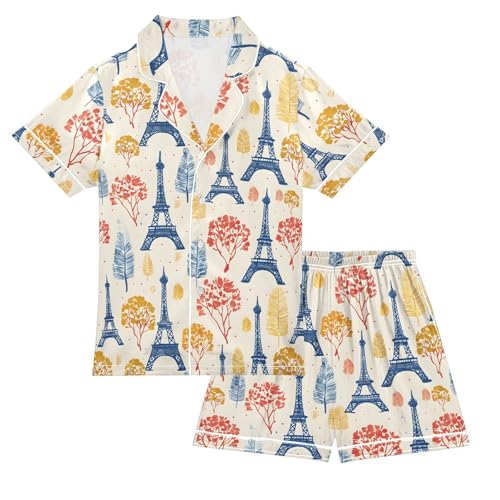 ALAZA Eiffel Tower Blossom Floral Tree Satin Pajamas Set Short Sleeve Button Down Sleepwear Summer Pjs 2 Piece