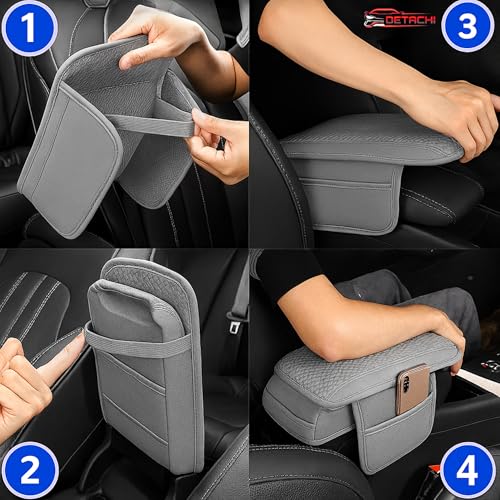Image of DETACHI Car Center Console Armrest Cover Pad, PU Leather Mesh Armrest Cushion,Universal Fit for SUV /Truck /Car, Console Box Cover With 2 Mobile Pockets, Breathable Mesh Fabric Mat-(Grey, 31X18X2CM)