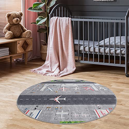Pasha Home Kinderteppich Flughafen 100 cm Rund/Spielteppich Flughafen aus Polyester- & Flanellfasern/Spielteppich mit Flughafen waschbar/Teppiche fürs Kinderzimmer antirutsch & schmutzabweisend Cover