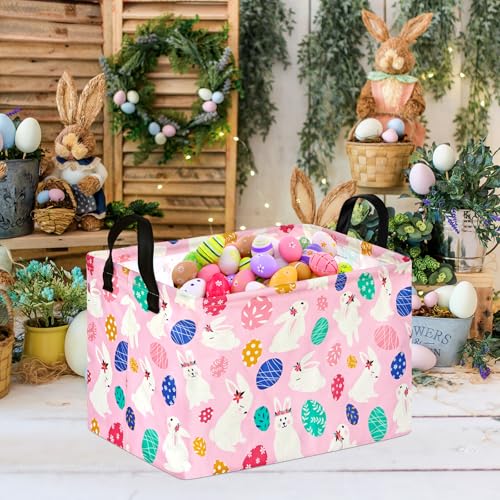 Image of Rectangle Gift Storage Basket Home Shelf Storage Basket Organizer Box Clothes Laundry Hamper Nursery Basket Laundry Basket with Handles (Pink White-Bunny)