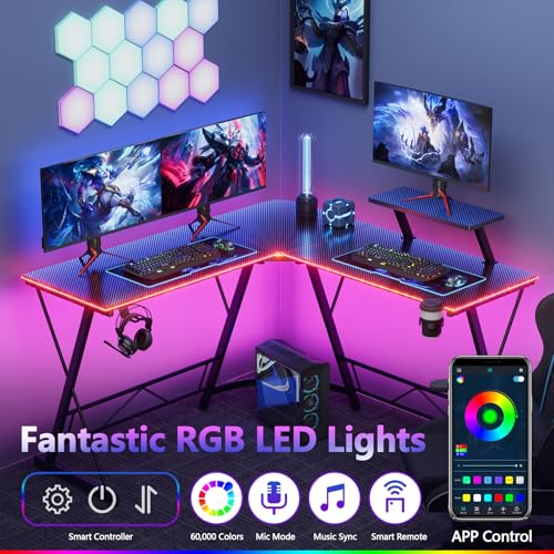 Mr IRONSTONE Gaming Desk with LED Lights, L Shaped Desk Corner with Cup Holder & Headphone Hook, Computer Desk Home Office Desks with Large Monitor Stand, Carbon Fiber Surface, Black 51 Inch - Image 5