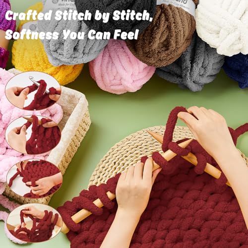 Image of Inhand Dark Red Chunky Chenille Yarn for Hand Knitting,Thick Bulky Mom Blanket Yarn for Crocheting,Soft Fluffy Yarn for Mother's Day Gifts and Crafts for Women /Grandma,18 Pack (29.5Yds /8.4oz Each)