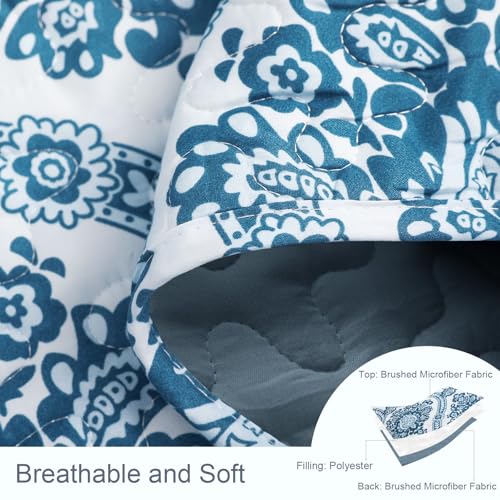 Exclusivo Mezcla Reversible Boho Quilt Set King Size, 3 Pieces Damask Blue All Season Bedspreads, Ultra Soft Floral Coverlet Bedding Set with Printed Pattern (1 Quilt, 2 Pillow Shams)
