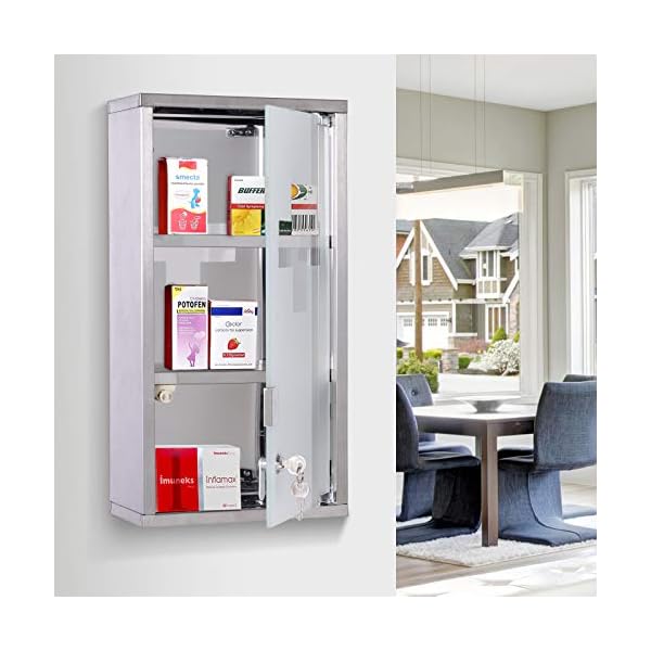 HOMCOM Stainless Steel wall mounted Medicine Cabinet with 2 Shelves + Security Glass Door Lockable 48 cm(H) - Image 4