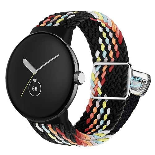 Abanen Braided Nylon Elastic Watch Bands for Google Pixel Watch, Loop Soft Stretchy Sport Wristband Strap with Magnetic Closure for Google Pixel Watch (Black-Rainbow)