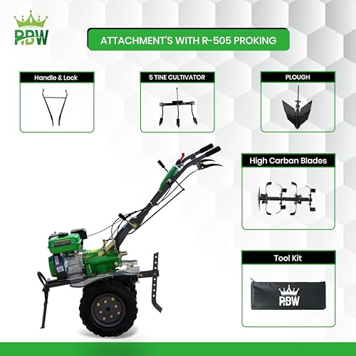 Image of RBW Power Weeder Machine for Agriculture 4 Stroke | 7.5 HP Petrol Engine 245cc Heavy Duty Power Weeder Plough,Cultivator Attachments for Soil Preparation, Weeding, Farming & Garden (R-505,Green)