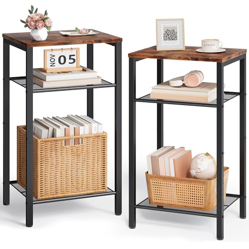 Image of Hoctieon 2-Set 3 Tier End Table, Telephone Table Set of 2, Tall Side Table with Storage Set of 2, Small Nightstand for Small Spaces, Metal Frame, for Living Room, Bedroom, Sofa Couch, Rustic Brown