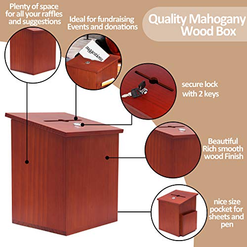 Rich Mahogany Wood Charity Donation & Suggestion Box Office Ballot Box With Pocket Comes With Locking Hinged Lid For Table Or Counter-Top Use (Dark Mahogany) #TOP2