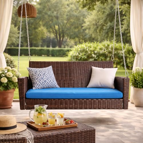 Image of Carry Bird Rattan Wicker Two Seater Swings with Cushion, Brown, 120x60x60 cm, Garden Porch Hammock for Adults (Blue Cushion, 2 Seater Prouch Swing, Leather Brown Prouch Swing)