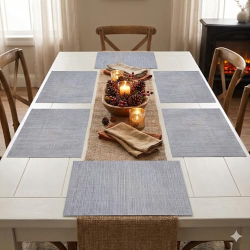 Image of YELONA Placemats for Dining Table - Heat Resistant, Non-Slip & Washable PVC Vinyl Table Mats - Set of 6, 45 x 30 cm (Silver Grey)