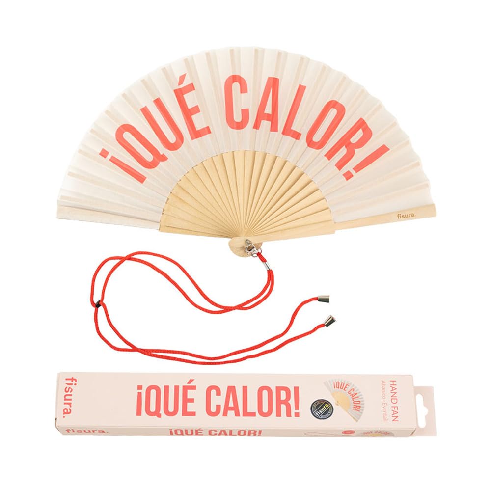 Fisura - Original handheld folding fan with the message in Spanish. Wooden fan. Original holding Hand Fans. Fan with hanger included (Que calor, beige and red)