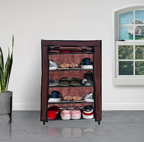 Image of Multi Utility 5 Layer Shelf Collapsible Metal Pipes with Non-Woven 100GSM Fabric Cover for Shoe /Cloth /Toy /Books Rack (Brown, Metal)