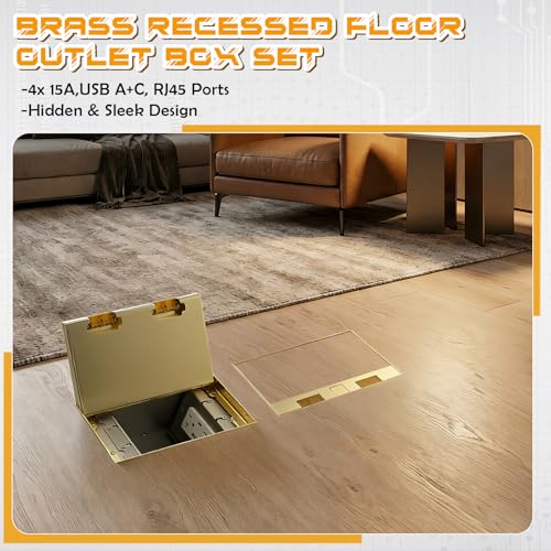 Image of Brass Recessed Floor Outlet Box, UL Listed Low Profile Waterproof Flip-up Floor Outlet with 4 AC Outlets, USB-a & USB-c Charging Ports, Dual Rj45 Ethernet Ports for Office Conference Room
