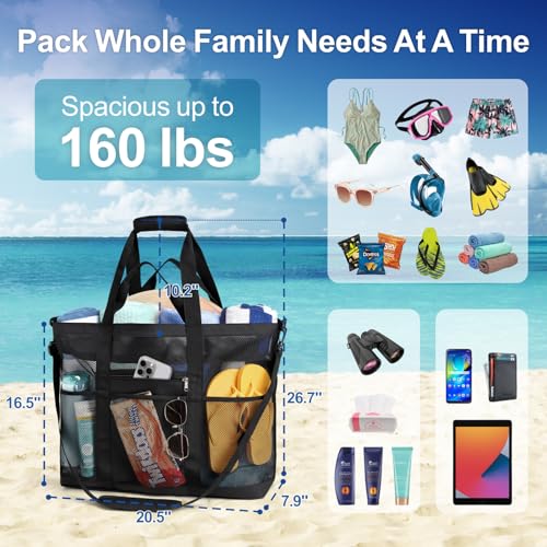 Image of Beach Bag, F-color Mesh Beach Bag Oversized Beach Tote 8 Pockets Beach Toy Bag Lightweight Beach Tote Bag for Women Picnic Travel