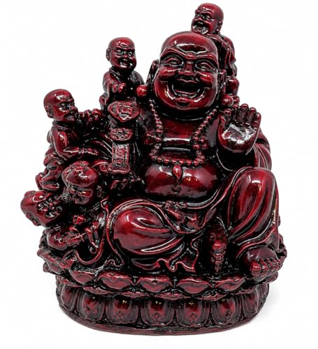 Image of Sterlling Effectz Ornaments Laughing Buddha Figurine with Children – 15cm Resin Statue – Symbol of Happiness, Prosperity & Family Harmony – Red Gloss Feng Shui Buddha Home Decoration Ornament JR-1067