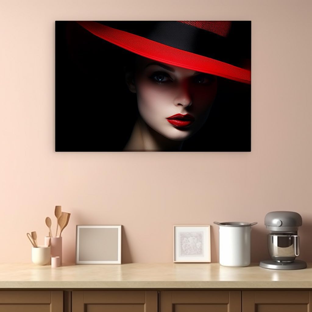 Canvas for Living room. Mystique in Monochrome: Unveiling the Allure of the Woman in the Hat, 27 x 18 inch Canvas Wall Art - Ready to Hang - 69x46 cm (27x18 inch)