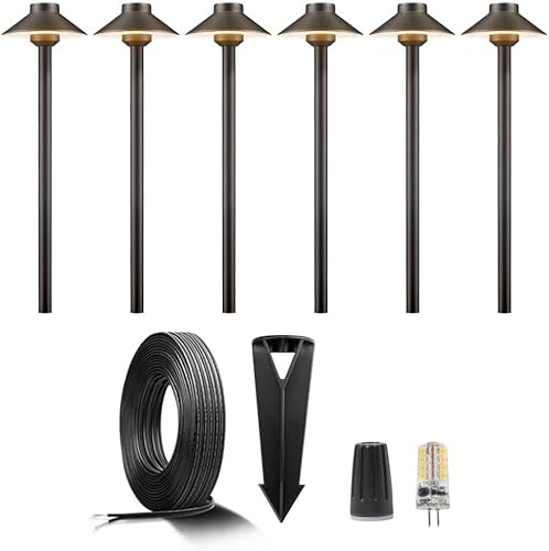 Miniatura 20 de Gardenreet Luces de camino de latón para exteriores, iluminación de camino de paisaje de bajo voltaje de 12 V, con cable, luz LED IP65 impermeable