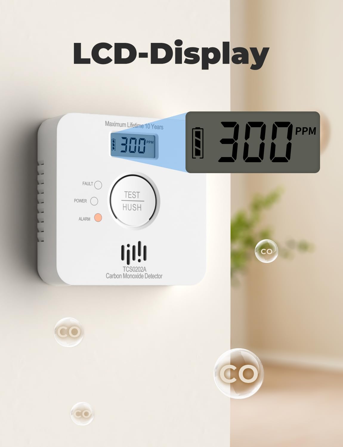 LIORQUE Kohlenmonoxid Melder, CO Melder mit 10-Jahres-Batterie, 10 Jahre Sensor, LCD Display, 85 dB Alarm, EN 50291 Zertifiziert, Weiß