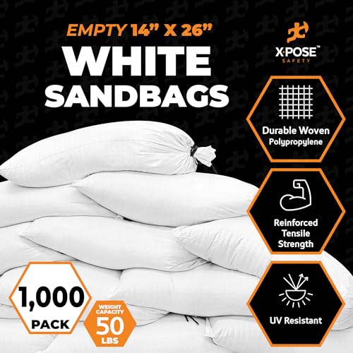 Image of Xpose Safety Heavy Duty Sand Bags with Tie Strings - Empty Woven Polypropylene Sandbags for Hurricane Flood Protection, 50 lb Capacity, 14 inch x 26 inch, White, Pack of 1000