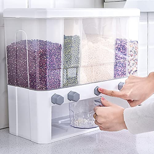 Dispensador de alimentos secos, contenedor de arroz montado en la pared de 22 libras, recipientes de granos de almacenamiento de alimentos a granel, dispensadores de cereales de 5 rejillas, tanque d