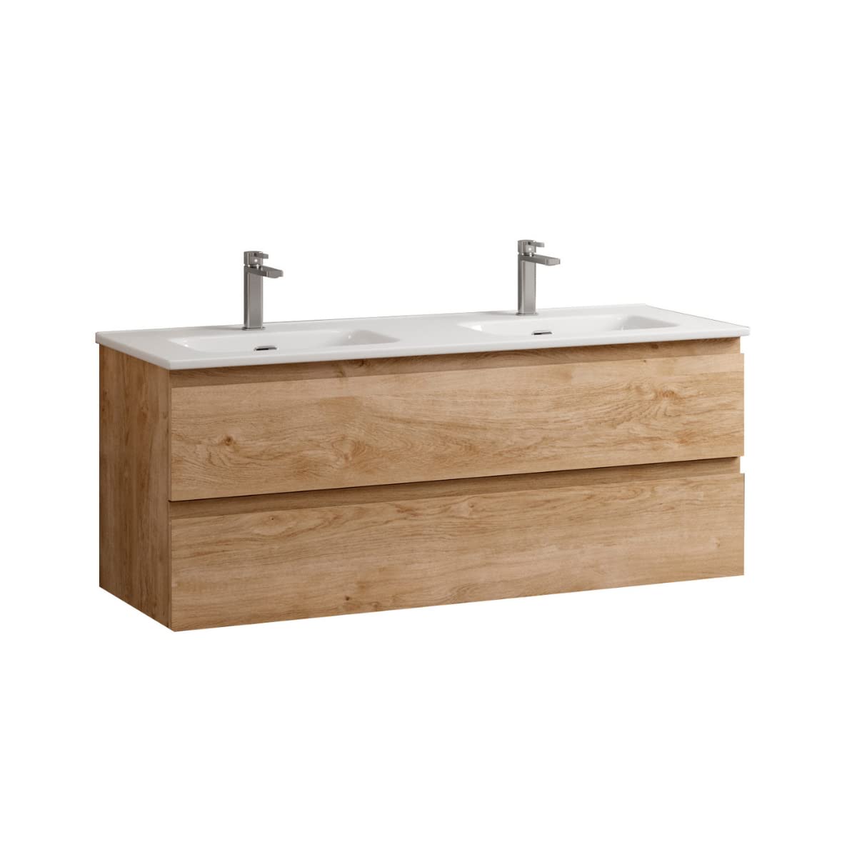 Mueble de Baño Suspendido 120cm con Lavabo Cerámico 2 Senos | Mueble Baño Colgado Pared con Lavabo Doble Seno de 2 Cajones con Cierre Amortiguado y Organizador (Roble Natural)