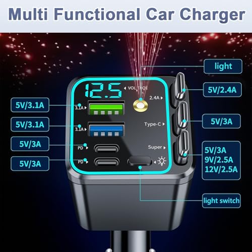 Image of STHIRA 120W Fast Car Charger Type C with Retractable Cables 7 in 1 Multi-Port USB-A & USB-C PD Charging Station LED Voltage Display Starry Ambient Light Car Charger Socket