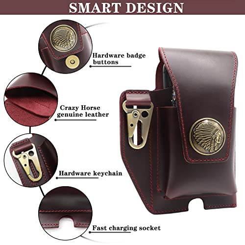 Suohu Leather Phone Holster With Belt Clip, Flip Belt Phone Case With Magnetic Closure For Iphone 14/13 Pro Max, Cell Phone Belt Holder For S22 Plus, Universal Leather Phone Pouch Cases (Red Brown) #TOP2