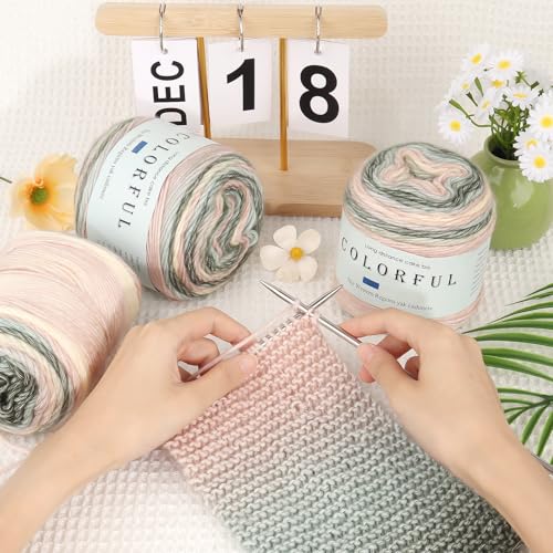 Image of Aeelike Cake Yarn for Crocheting, 3 Skeins Gradient Yarn 100g (3.52 oz) 245m (267 Yards) # 3 Light Weight, Soft Ombre Yarns Fairyland Yarns Rainbow for Making Colorful Crafts, Pink Green Gradient