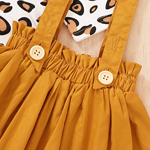 Newborn Baby Girl Skirts Set Leopard Prints Ruffle Long Sleeve Romper + Suspender Dress + Headband Fall Clothes (Yellow, 3-6 Months)