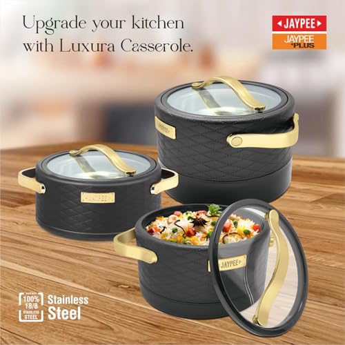 Image of JAYPEE Luxura Klass Set Inner Steel Serving Casserole Set Of 3 Toughened Glass Lid Advanced Pu Insulated 100% Food Grade Lockable Hot Box Easy To Keep Roti,Pulao|1500,2000,2500 Ml,Black,Unglazed