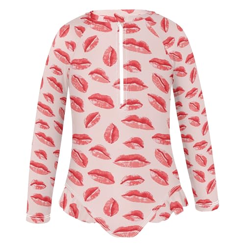 Red Lips Girls Long Sleeve Rashguard Swimsuit UV Protection One-Piece Swimwear Bathing Suit B04047672