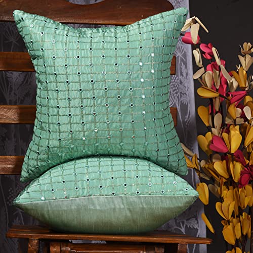 Image of Sea Green Cushion Covers 12x18 Set of 2, Rectangular Fancy Cushion Covers for Sofa, Embroidered Cushion Covers with Mirror Work