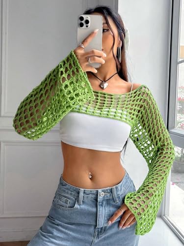 Image of hathne Women Hollow Out Sweater Crop Flounce Off Shoulder Open Knit Top See Through Crochet Trumpet Long Sleeve Knit Top(Green,XL)