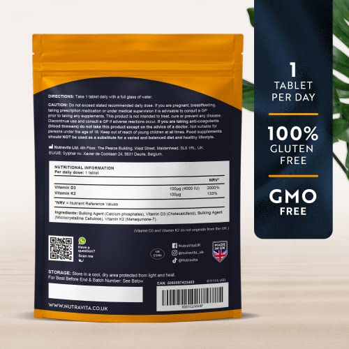 Vitamin D3 4000 iu & Vitamin K2 100μg (MK7) – 180 Vegetarian Tablets – 6 Month Supply - High Strength Vitamin D Supplement for Bones, Muscles & Immune System – Nutravita - Image 4
