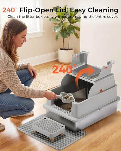 Arenero para gato XXL acero inoxidable con tapa 27.5x20.1x17.3 pulg miniatura 6