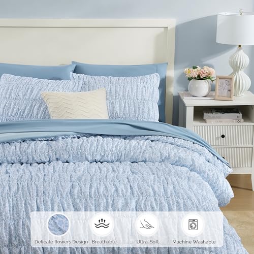 Full Size Comforter Sets - 7 Pieces Puff Cornflower Blue Floral Bedding Set for All Seasons, Shabby Chic Farmhouse Bed in a Bag Full with Floral Comforter, Sheets, Pillowcases & Shams