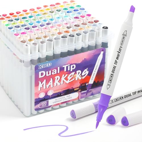 XIEED Alcohol Markers 120 Colors Alcohol Markers Set for Adults and Artists in Coloring Painting (Chisel & Fine)