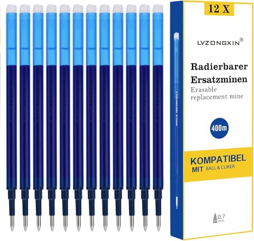 [12 Stück] - LVZONGXIN Radierbare Ersatzmine Kompatibel mit Pilot FriXion Ball & Clicker & Eberhard Faber animal erase it Tintenroller Radierbar Spitze 0 7 mm Nachfullminen mit radierbarer Tinte