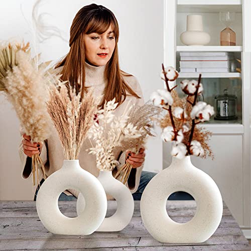 Ceramic Hollow Donut Vase Set Of 3 For Pampas Grass | Neutral Modern Home Decor, Small Boho Minimalist Round White | Japandi Clay Beige Decorative For Bedroom, Living, Wedding, Office, Coffee Table #TOP4