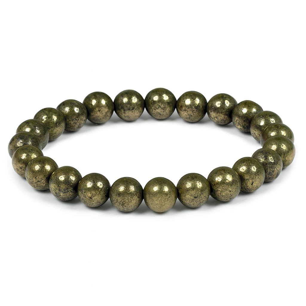 Natural Pyrite Gemstone Bracelet for Men & Women – Reiki Healing Chakra Energy Jewelry – 8mm Golden Crystal Beads for Prosperity Wealth Abundance – Spiritual Gift with Elegant Box