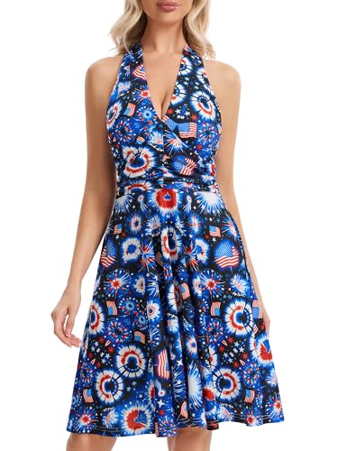 Image of Women's Festival Dress- Halter V Neck Sleeveless Ruffle Mini Dresses with Pocket
