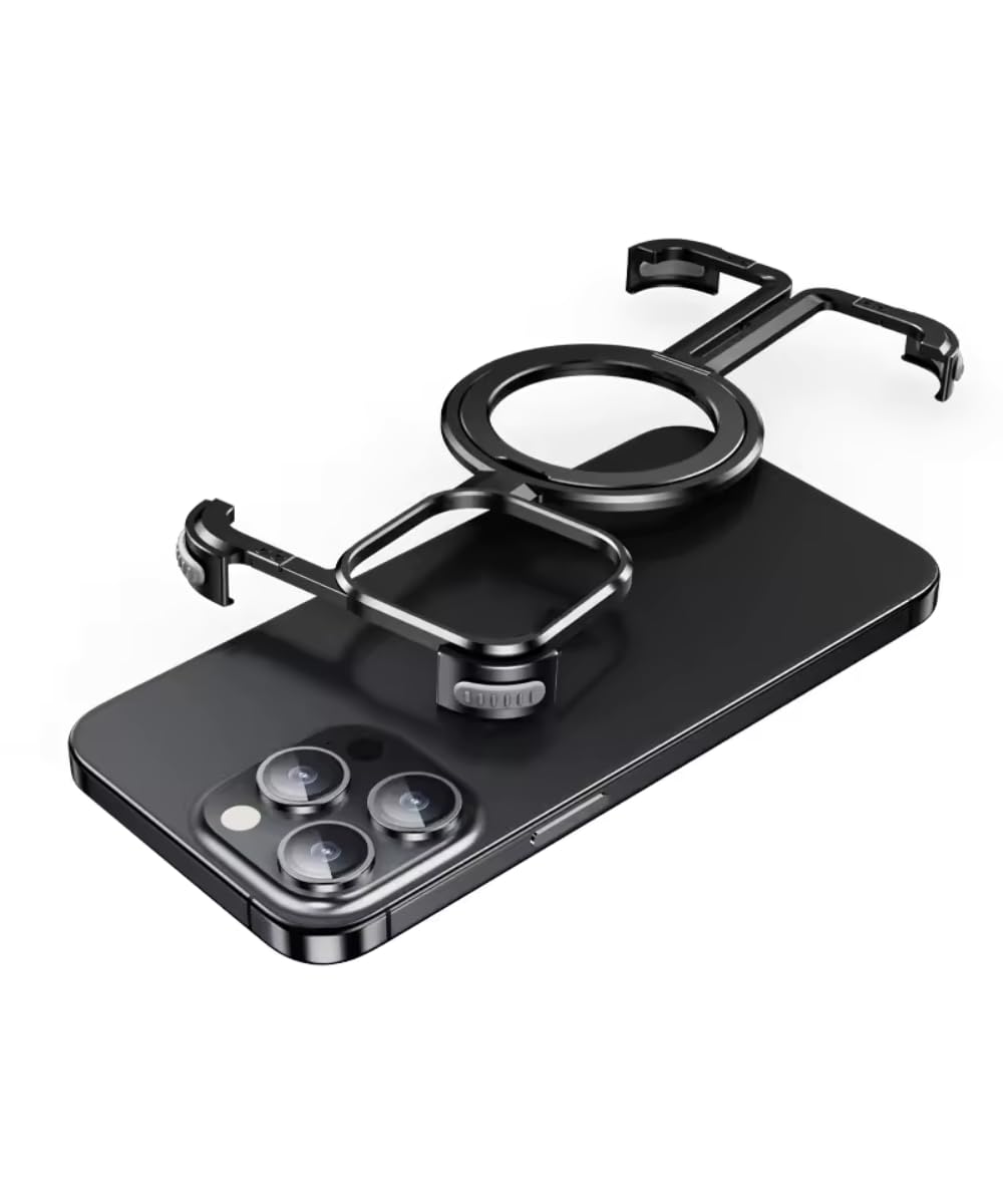 AJKingsley 15 Pro Max Frameless Case, Sleek Minimalist Protective Shock Absorption Aerospace Grade Aluminum Shells with Built-in Kickstand Phone Case (Black Titanium 15 Pro Max)