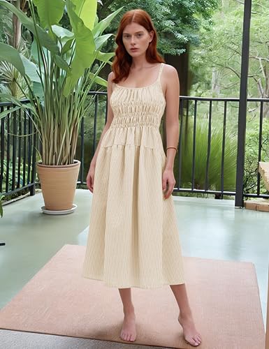 Image of Women's 2025 Summer Striped Smocked Maxi Dress Sleeveless Boho Sundress Double Strap Flowy Swing for Beach Vacation