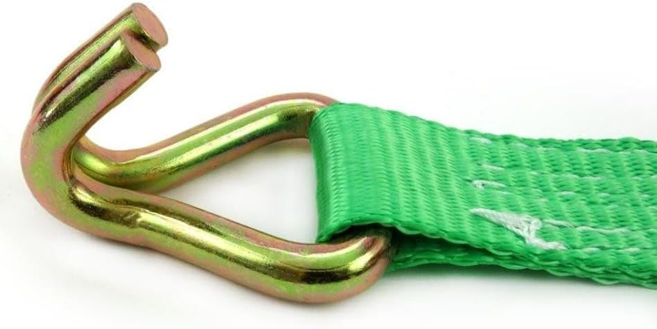 Close-up of the double J-hook end of the AMIO tie-down strap, showing its robust construction and green webbing.