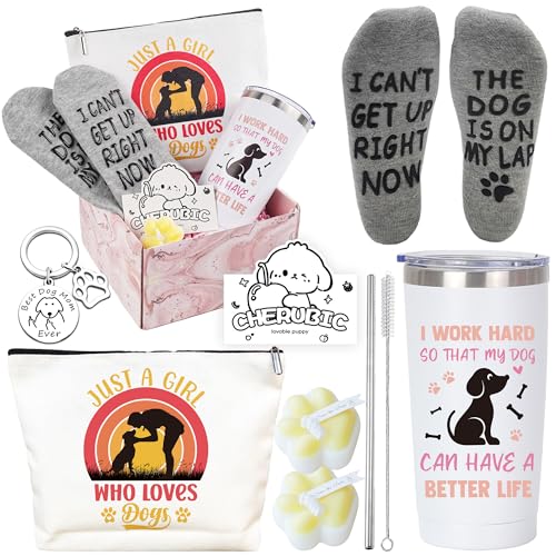 Dog Lovers Gifts for Women - Dog Mum Birthday Gifts with Travel Tumbler Mug Makeup Bag Keychain Paw Candle Pet Lovers Relaxing Gift Basket for Best Friend Sister Mum