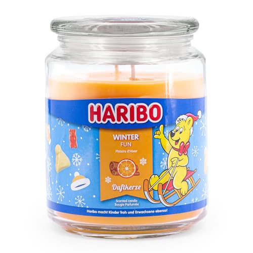 Bougie parfumée Haribo dans un bocal | Winter Fun 510g | Parfum sucré-épicé d'hiver | Double mèche | 100h de combustion | Bougie dans un bocal | Idée cadeau Noël