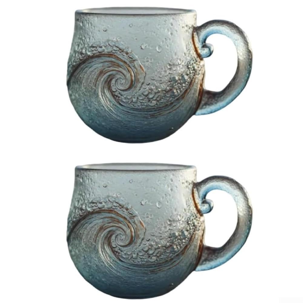 Handgefertigte Meeresglas Tasse Wellen Design Einzigartiges Mundgeblasenes Glasgeschirr für Tee Kaffee Strand für deko 350ml(2)