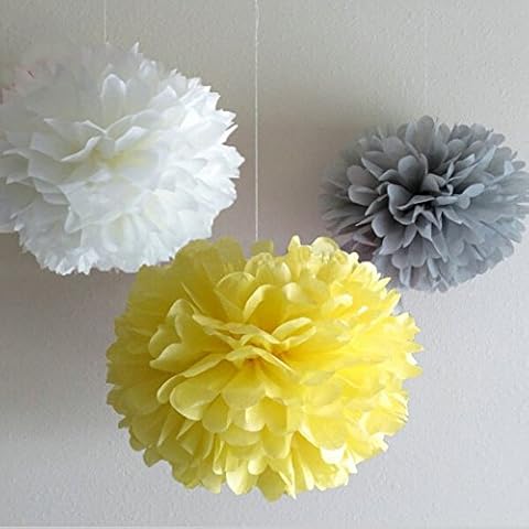 Krismile Pack of 18 Mixed White Gray Yellow Party Tissue Pompoms Paper Flower Pom Poms Wedding Birthday Party Christmas Girls Room Decoration Cover